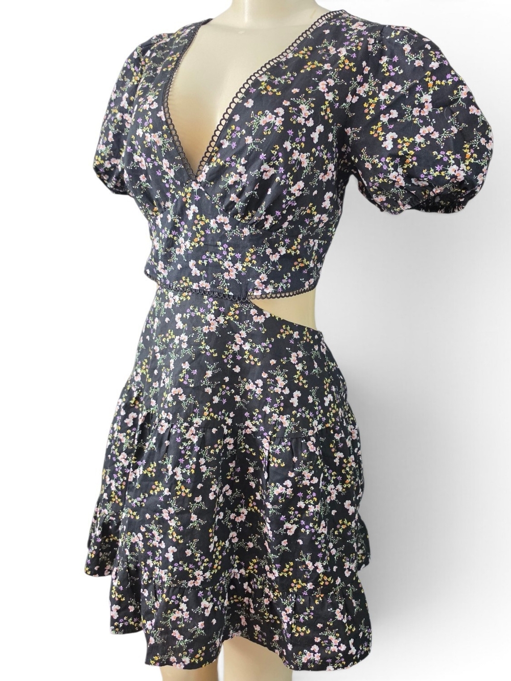 Sweet Lemon Black Floral Cutout Mini Dress Puff Sleeve Cottagecore S
